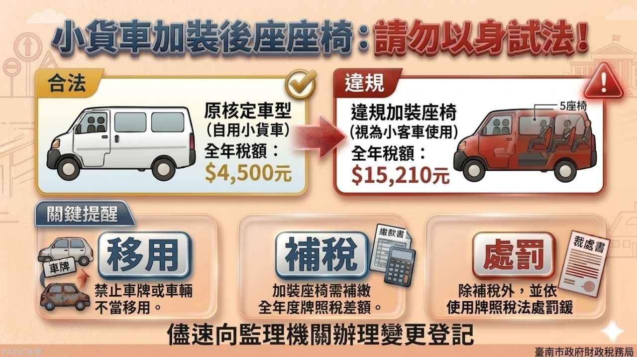 小貨車後方加裝座椅，當心補稅又受罰.jpg
